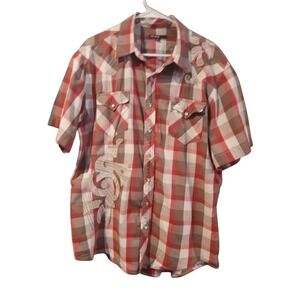 Tin Haul Mens Plaid Short Sleeve Western Snap Button Shirt XL Red Brown White